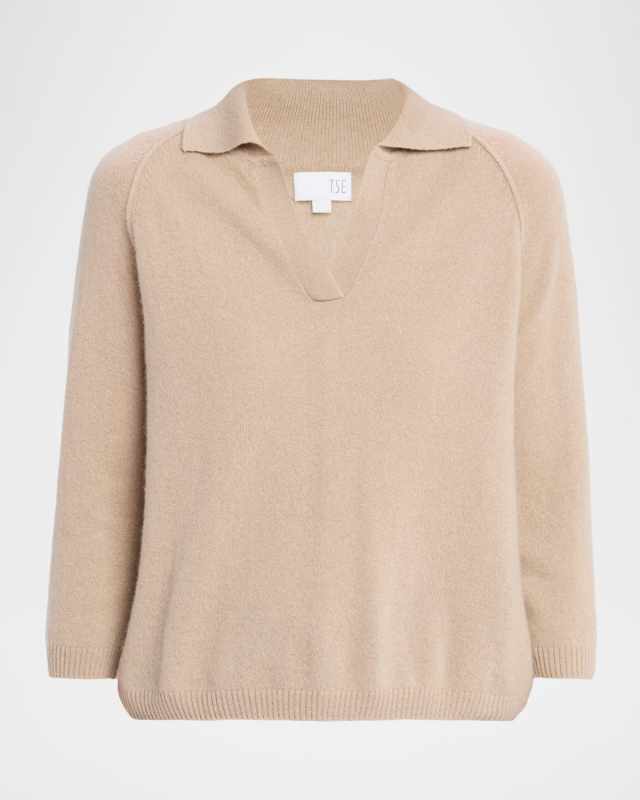 Cashmere 3/4-Sleeve Polo Sweater